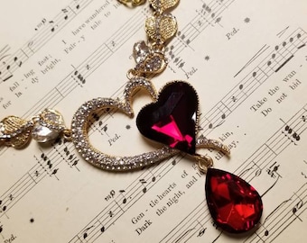 Vintage Double Coeur Collier Rouge Cristal Strass