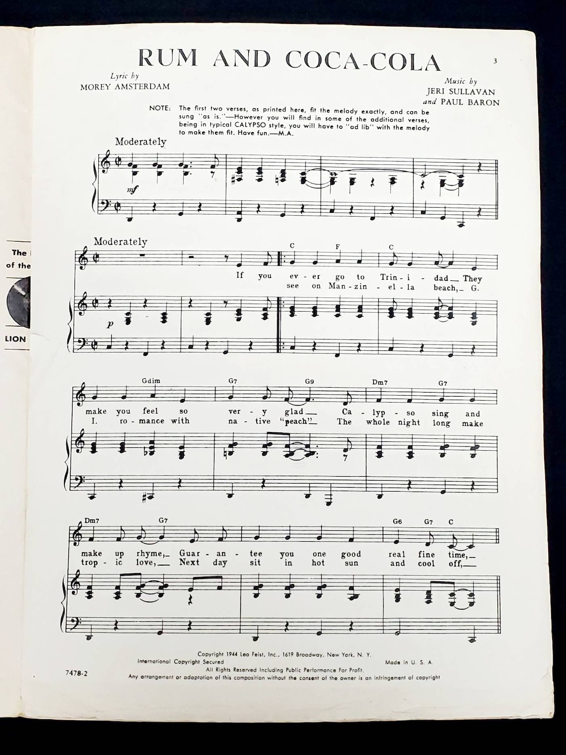 Rum and CocaCola Vintage Sheet Music Andrews Sisters Wartime Etsy