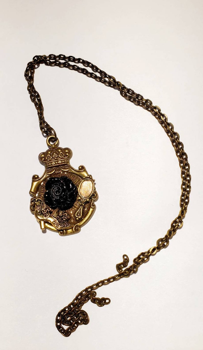 Victorian Lady Black Rose Necklace Mirror Shadowbox Collage Pendant