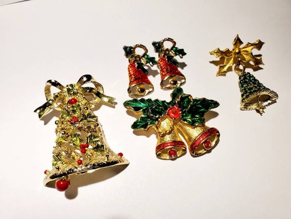 Vintage Christmas Bell Brooches and Pierced Earri… - image 1