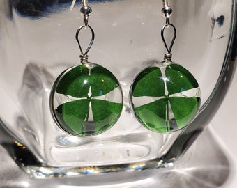 Four Leaf Clover Earrings Dried Leaf Earrings Glass Globe Pierced Dangle