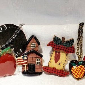 Teacher Jewelry Lot of 6 Necklaces and Brooches Schoolhouse Apple Pins Chalkboard Pin