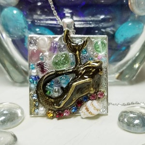 Bronze Mermaid Mosaic Necklace Shadowbox Collage Pendant