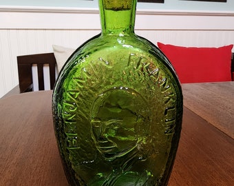 Wheaton Benjamin Franklin Bottle Green Glass with Cork 7 Inches Vintage
