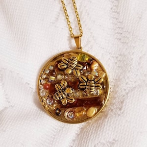 Honeybee Mosaic Necklace Shadowbox Collage Large Gold-toned Statement Pendant Honeybee Mosaic Necklace