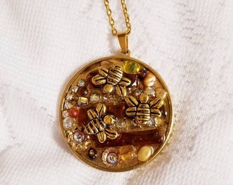 Honeybee Mosaic Necklace Shadowbox Collage Large Gold-toned Statement Pendant