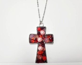 Pink and Red Cross Necklace Collage Cross-Shaped Shadowbox Statement Pendant Valentine's Day