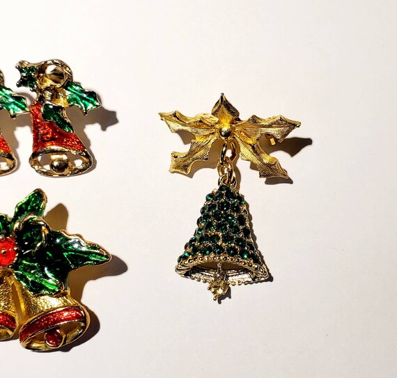 Vintage Christmas Bell Brooches and Pierced Earri… - image 4