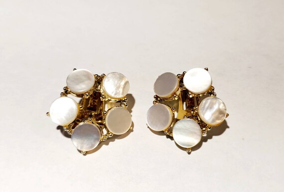 Coro Mother of Pearl Clip On Earrings Flower Shap… - image 5