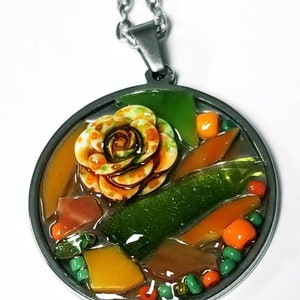 Orange Flower Collage Necklace Shadowbox Mosaic Pendant