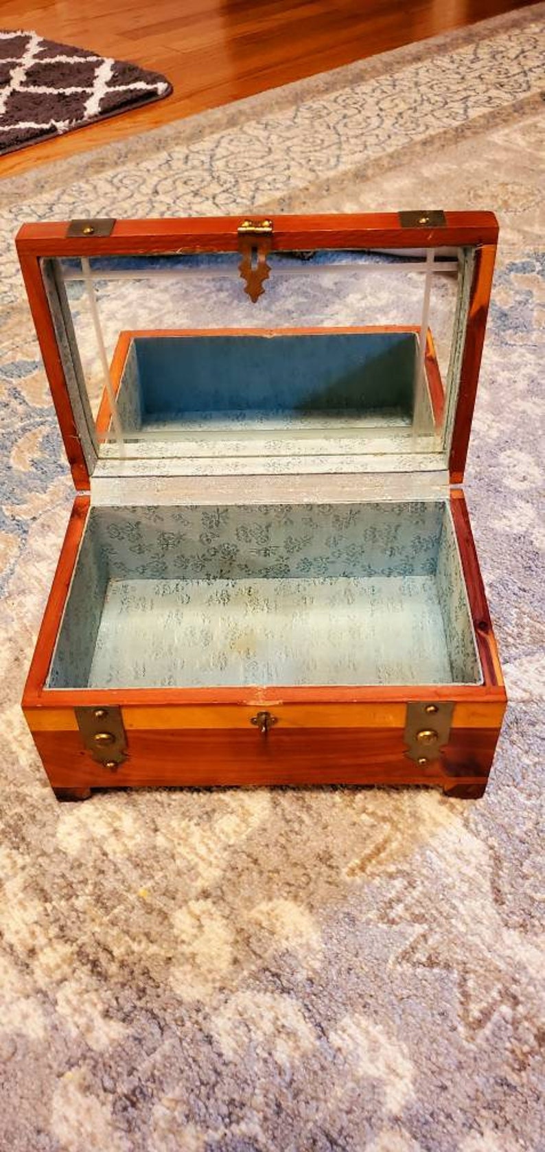 Pilliod Art Box Cedar Jewelry Box with Mirrored Hinged Lid Treasure Box
