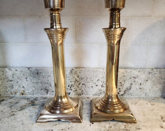 Vintage Pair Brass Candlestick Holders Hurricane Lamp Holders Heavy 11.5 Inches 4.5 Inch Square Base