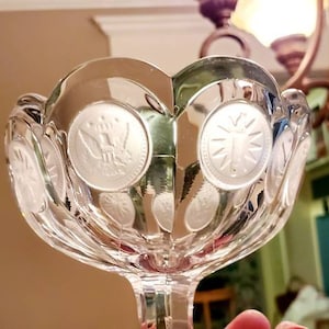 Vintage Frosted Coin Pedestal Candy Dish Fostoria 1887 Eagle Americana