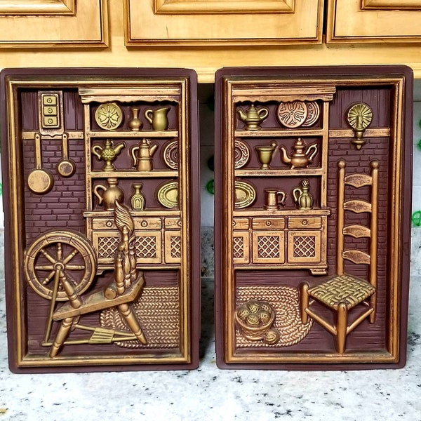 Miller Studio 3D Pictures Colonial Home Wall Art Fireplace Kitchen Spinning Wheel Lot of 2 Plastic 10.5 x 16.5 Inches