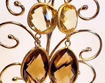 Vintage Quartz Pierced Earrings Gold Toned Dangle Smoky and Yellow Quartz Teardrop