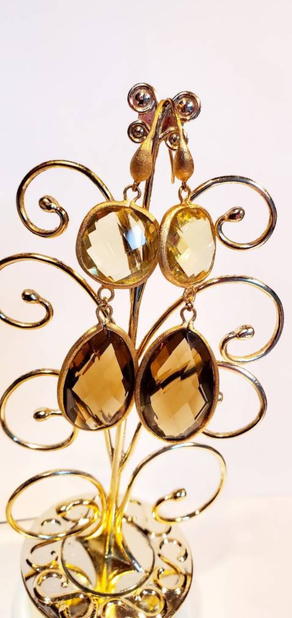 Vintage Quartz Pierced Earrings Gold Toned Dangle 