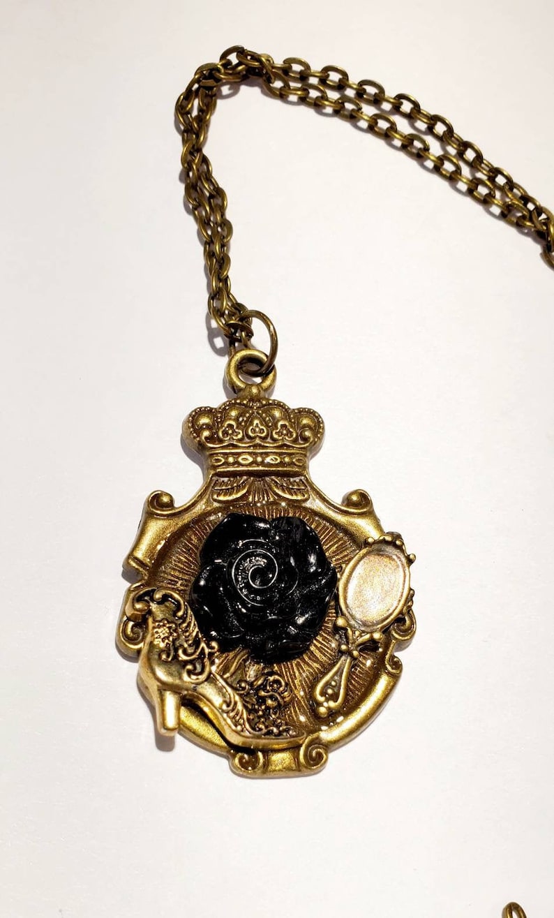 Victorian Lady Black Rose Necklace Mirror Shadowbox Collage Pendant