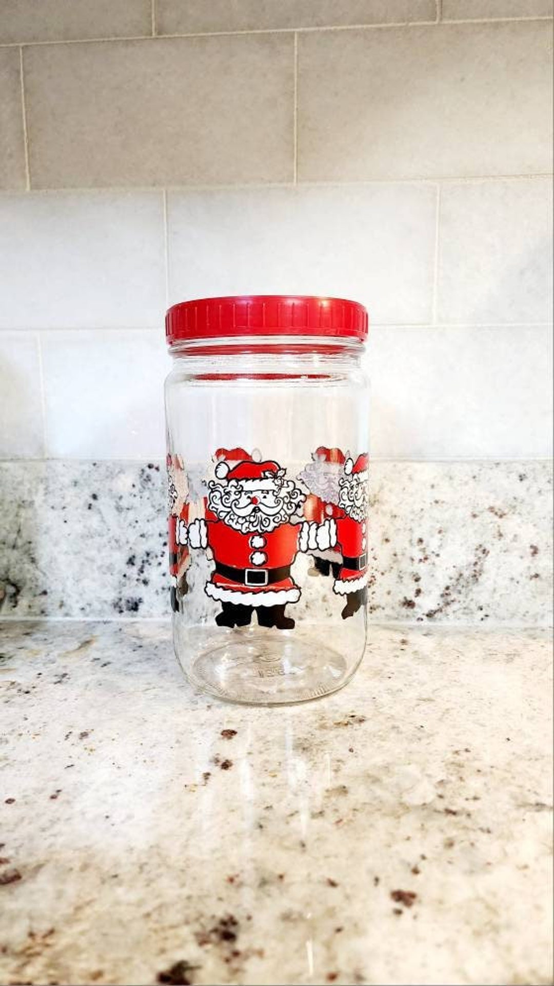 Vintage Santa Jar Candy Jar 1980s Clear With Screenprint Red Lid Etsy