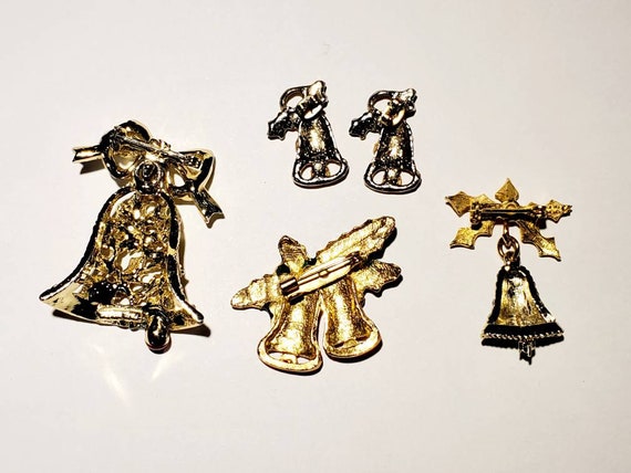 Vintage Christmas Bell Brooches and Pierced Earri… - image 5