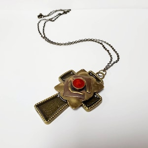 Medieval Cross Necklace Red Glass Cross Pendant Brutalist Anglo-Saxon