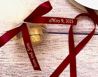 Gold Imprinted Personalized 3/8" Satin with Gold Imprint Uncut Ribbons for Wedding Favors, Birthday Favors or Baby Shower Favors.