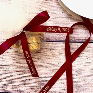 Gold Imprinted Personalized 3/8&quot; Satin with Gold Imprint Uncut Ribbons for Wedding Favors, Birthday Favors or Baby Shower Favors.