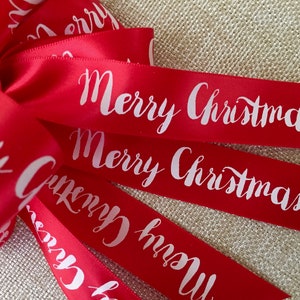 7/8 inch wide Festive Merry Christmas personalized continuous printed hot stamped ribbon.