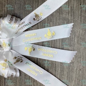 7/8 inch wide Merry Christmas with Trees personalized continuous printed hot stamped ribbon.