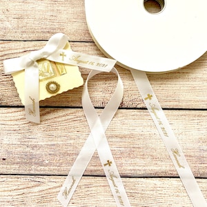 25 Personalized Cross Design 5/8 inch Satin Uncut Ribbons for Wedding Favors, Birthday Favors or Baby Shower Favors.
