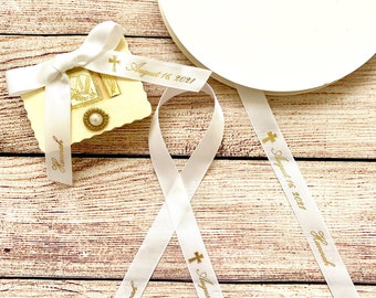 25 Personalized Cross Design 5/8 inch Satin Uncut Ribbons for Wedding Favors, Birthday Favors or Baby Shower Favors.