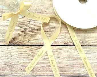 25 Personalized Clinking Glasses Design 5/8 inch Satin Uncut Ribbons for Wedding Favors, Birthday Favors or Baby Shower Favors.