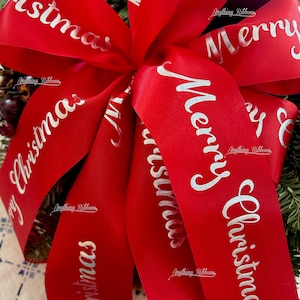 2 1/2 inch wide Red Merry Christmas wrapping floral hot stamped ribbon personalized continuous printed bow.