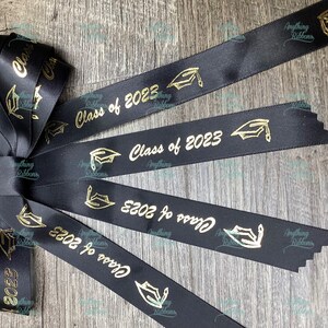 7/8&quot; wide Bold Class of 2023 ribbon graduation cap, continuous printed hot stamped Class of 2023 ribbon.