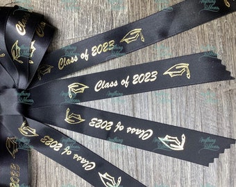 7/8" wide Bold Class of 2023 ribbon graduation cap, continuous printed hot stamped Class of 2023 ribbon.