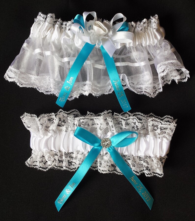 Personalized Satin Ribbon White Wedding Garter and Toss Garter