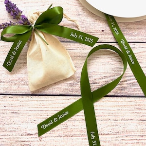 Personalized 5/8 inch Satin with Silver Imprint Uncut Ribbons for Wedding Favors, Birthday Favors or Baby Shower Favors.