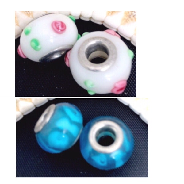 1-Blue Lampwork Dione beads, 14x9 rondelle -add-a bead with grommets, unique Lampwork, L215,  Ships US