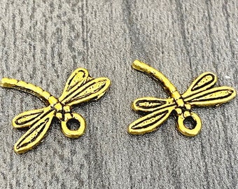 2-GOLD dragonfly 20mm charms, dragonfly gold beads, dragonflies,Antiqued gold charms, good bracelet charms, 139 Ships USA