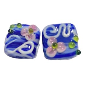 2-Lampwork Square beads with designs, Flower Lampwork  glass ,unique Lampwork beads, 234 Ships USA