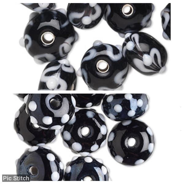 5-Lampwork Perles noires et blanches, perles pointillées noires et blanches, perles Rondelle à pois, perles uniques Lampwork, 407, Ships USA