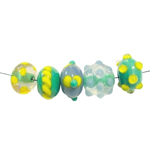 5-Green dotted  Lampwork Rondelles, Flower Murano Lampwork glass bumpy Rondelles, Yellow polka dot glass bead, unique Lampwork,411 Ships USA