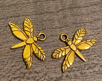 2-GOLD dragonfly 20mm charms, dragonfly gold beads, dragonfly Antiqued gold charms, charms 139 Ships USA