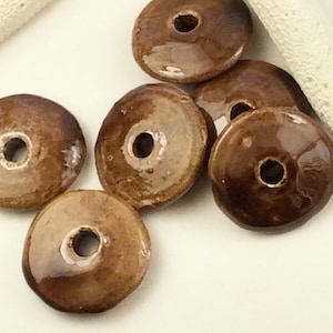 5-Vintage Round Ceramic spacers, 28mm Light Brown Rondelles, Ceramic buttonbeads, round puffed brown spacers, V102, Ships USA