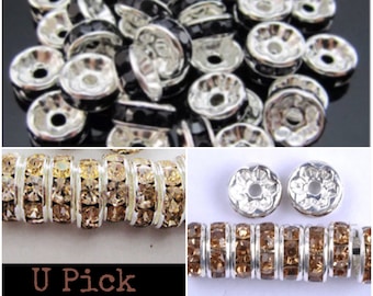 10 espaciadores de diamantes de imitación marrones de 8 mm, diamantes de imitación negros, hallazgos espaciadores plateados, espaciadores de diamantes de imitación plateados, cuentas Rondelle de 8 mm, 402 envíos