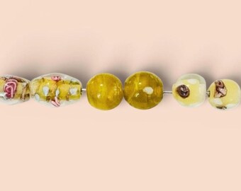 2-Lampwork Yellow Ovals, 14mm bumpy Round Beads, Earring supplies,flower-beads, unique blue  Lampwork beads, (349)