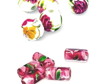 5-Lampwork White Round  beads,  flower beads, unique pink Lamp work Tube bead, 352 Ships USA