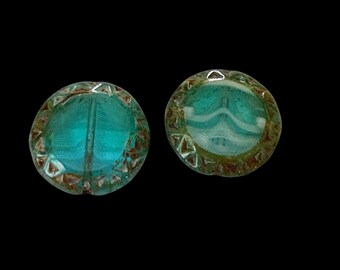 2-Teal Etched Glass , 16mm Round Etched Flat Beads, 109 Ships US