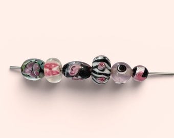 6-Pink Lampwork Jewelry Making Kit, Bracelet Combo, Polka Dotted Beads , unique Lampwork ( 107)  Ships USA