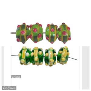 4-Lampwork Rondelles, Green Flower Lampwork glass, Green  bumpy Flower Rondelles , Green glass bead, unique Lampwork, 621 Ships USA