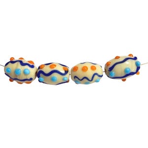4-Light Cream dotted Lampwork Ovals , Lampwork Polka Dot glass bead,  Blue and Orange bumpy beads, 208 USA